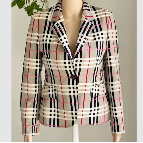 🥳TODAY!!!! BURBERRY LONDON Authentic Muti colored plaid print blazer…Size six!!! - Picture 1 of 9